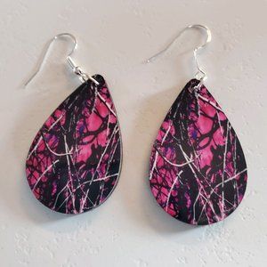 Pink Camo Print Teardrop Earrings